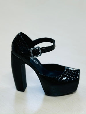 Black chunky platform block high-heeled pump with squared off toe
