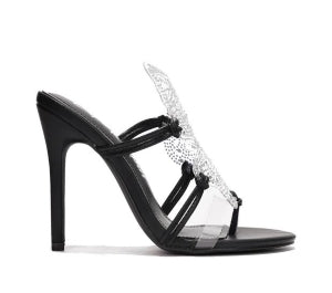 Cape Elyssa Rhinestone Butterfly Deco Triple Vamp Strap Round Peep Toe Mule Heel Sandal-Black
