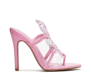 Cape Elyssa Rhinestone Butterfly Deco Triple Vamp Strap Round Peep Toe Mule Heel Sandal-Pink