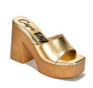 Cape Robbin Enisle Cork Metalic Platform Square Toe High Block Heel Mule Design-Gold