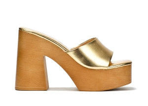 Cape Robbin Enisle Cork Metalic Platform Square Toe High Block Heel Mule Design-Gold