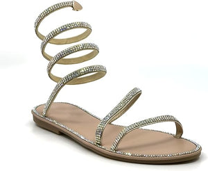 Forever Fannie-199 Rhinestone Wrap-around Flat Strappy Flat Sandals-Black