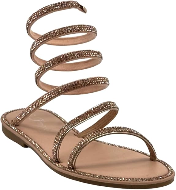 Fannie-199 Rhinestone Wrap-around Flat Strappy Flat Sandals-Rose-gold