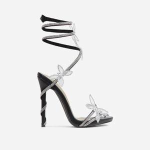 Lemonade Fantasy Diamante Butterfly Detail Wrap Around Rhinestone Strap Platform Stiletto Heel-Black