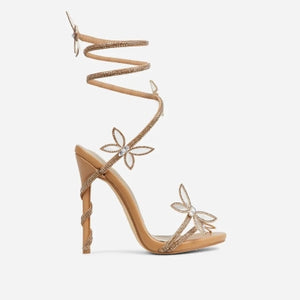 Lemonade Fantasy Diamante Butterfly Detail Wrap Around Rhinestone Strap Platform Stiletto Heel-Nude