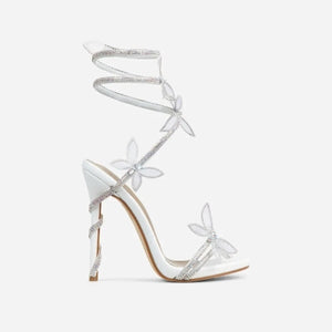 Lemonade Fantasy Diamante Butterfly Detail Wrap Around Rhinestone Strap Platform Stiletto Heel-White