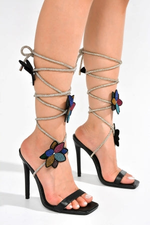 Cape Robbin Flowery Strappy Lace Up Rhinestone Rope Peep Toe Dressy Skinny Stiletto Heel sandal-Black