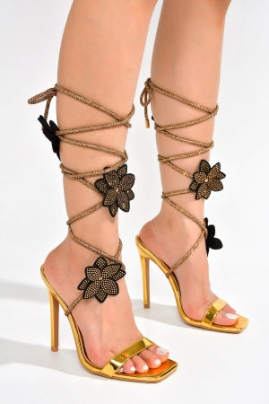 Cape Robbin Flowery Strappy Lace Up Rhinestone Rope Peep Toe Dressy Skinny Stiletto Heel sandal