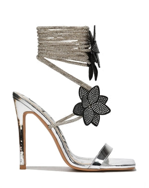 Cape Robbin Flowery Strappy Lace Up Rhinestone Rope Peep Toe Dressy Skinny Stiletto Heel sandal-Silver