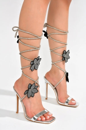 Cape Robbin Flowery Strappy Lace Up Rhinestone Rope Peep Toe Dressy Skinny Stiletto Heel sandal-Silver