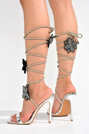 Cape Robbin Flowery Strappy Lace Up Rhinestone Rope Peep Toe Dressy Skinny Stiletto Heel sandal-Silver