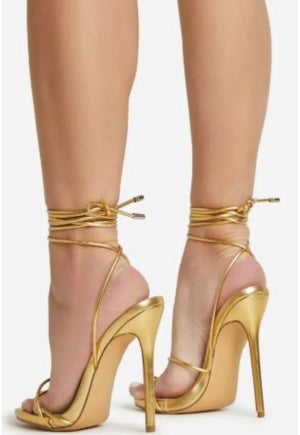 Lemonade Gelato Lace Up Ankle Wraparound Open Toe Stiletto Heel-Gold