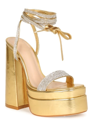 Gogo-8 Rhinestone Lace-up chunky Platform Round Open Toe Block Heel-Gold