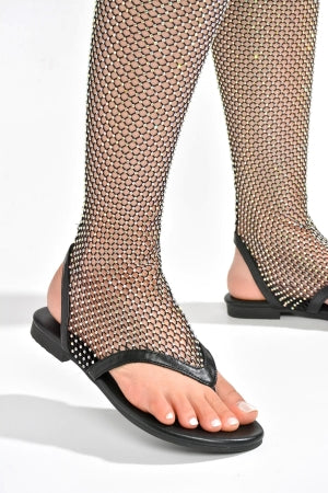 Cape Robbin Hude Thong Thigh-high Rhinestone Embellished Mesh Round Toe Flat Sandal-Black