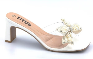 Block Heel Mule Sandals with Bow Embellishment & Pearl Beads