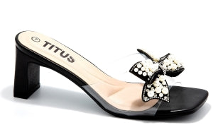 Black Block Heel Mule Sandals with Bow Embellishment & Pearl Beads