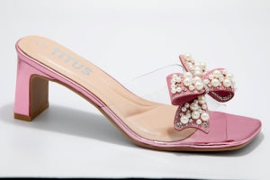 Pink Block Heel Mule Sandals with Bow Embellishment & Pearl Beads