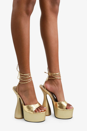 Lofty Platform Flare Block Heel Sandals with Tie-Up Ankle Strap