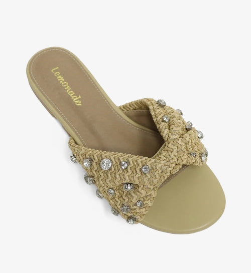 Lemonade Mayleen Rhinestone Embellished Raffia Slip-on Flat Sandal-Nude