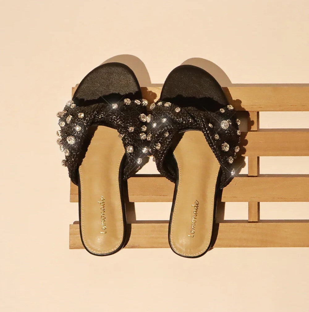 Rhinestone Embellished Raffia Slip-on Flat Sandal-Black