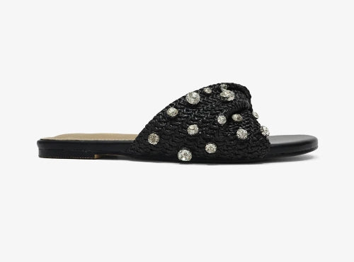 Lemonade Mayleen Rhinestone Embellished Raffia Slip-on Flat Sandal-Black