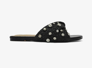 Lemonade Mayleen Rhinestone Embellished Raffia Slip-on Flat Sandal-Black