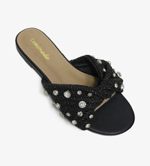 Lemonade Mayleen Rhinestone Embellished Raffia Slip-on Flat Sandal-Black