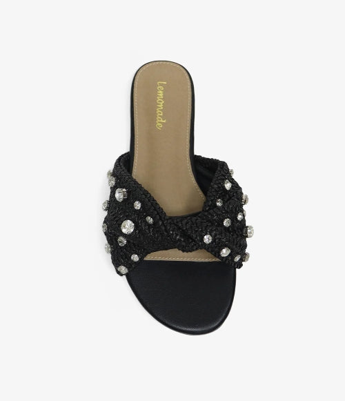 Lemonade Mayleen Rhinestone Embellished Raffia Slip-on Flat Sandal-Black