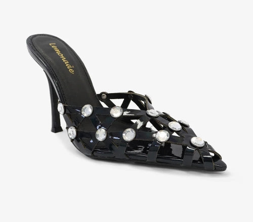 Lemonade Way Ahead Glossy Gem Detail Slip-on Sharp Pointy Toe Stiletto Heel Mule-Black