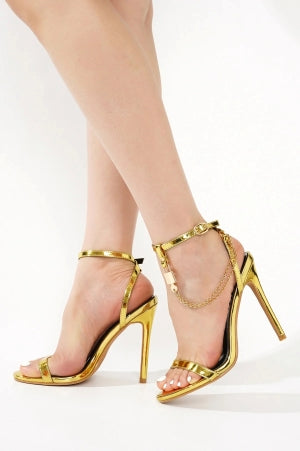 Cape Robbin Mabelle Chain Detail Ankle Adjustable Strap Round Toe Stiletto Heel - Gold