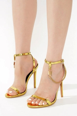 Cape Robbin Mabelle Chain Detail Ankle Adjustable Strap Round Toe Stiletto Heel - Gold