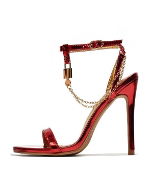 Cape Robbin Mabelle Chain Detail Ankle Adjustable Strap Round Toe Stiletto Heel - Red