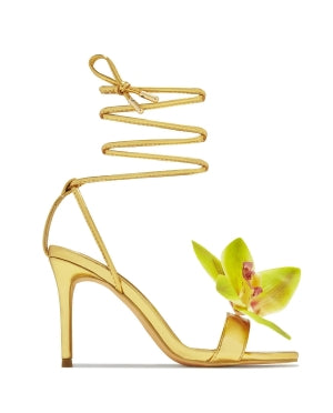 Olivia Margarita Floral Detail Wraparound Strappy Open Toe Stiletto Heel Sandal-Gold
