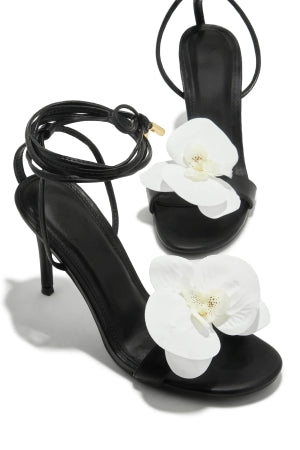 Olivia Margarita Floral Detail Wraparound Strappy Open Toe Stiletto Heel Sandal-Black