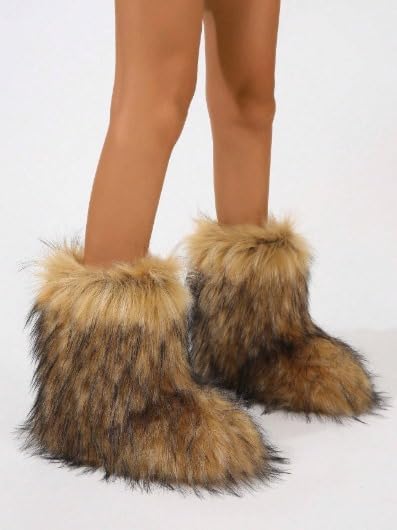 Diva Melanie Women Shearling Fluffy Fur Mid-Calf Comfortable Boots-Brown