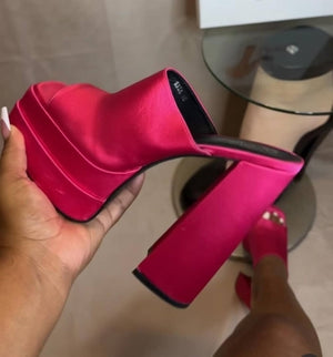 Slip-on Platform Round Peep Toe Block Heel Mule - Pink