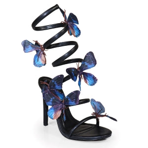 Lily Nikia-237 Fashion Butterfly Detail Wrap-around Open Round Toe Stiletto Heel -black