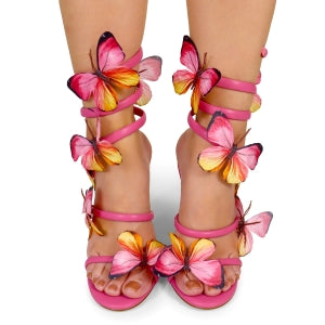 Lily Nikia-237 Fashion Butterfly Detail Wrap-around Open Round Toe Stiletto Heel -fuchsia