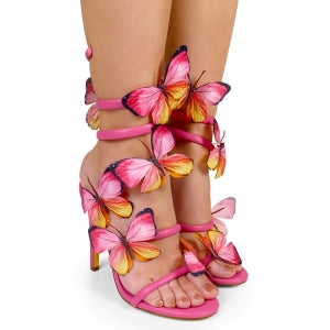 Lily Nikia-237 Fashion Butterfly Detail Wrap-around Open Round Toe Stiletto Heel -fuchsia