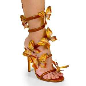 Lily Nikia-237 Fashion Butterfly Detail Wrap-around Open Round Toe Stiletto Heel-tan