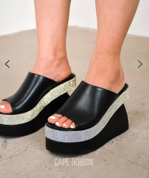 Cape Odana Rhinestone Embellished Open Round Toe Wedge Heel-Black PU