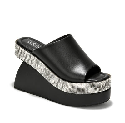 Rhinestone Embellished Open Round Toe Wedge Heel-Black PU