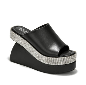 Rhinestone Embellished Open Round Toe Wedge Heel-Black PU