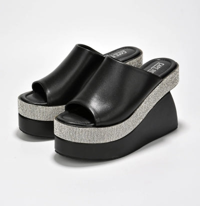 Cape Odana Rhinestone Embellished Open Round Toe Wedge Heel-Black PU