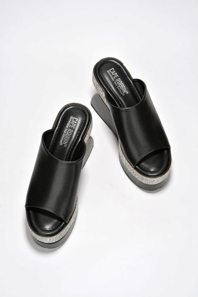 Cape Odana Rhinestone Embellished Open Round Toe Wedge Heel-Black PU