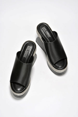 Cape Odana Rhinestone Embellished Open Round Toe Wedge Heel-Black PU
