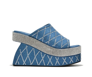 Cape Odana Rhinestone Embellished Open Round Toe Wedge Heel-Denim