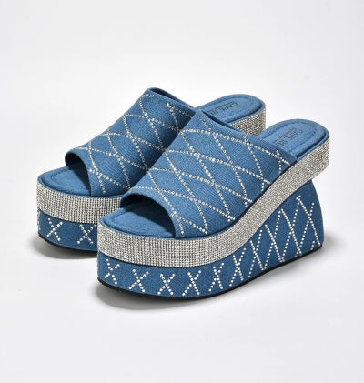 Cape Odana Rhinestone Embellished Open Round Toe Wedge Heel-Denim