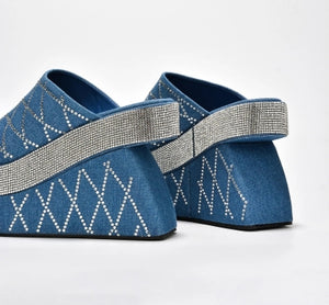 Cape Odana Rhinestone Embellished Open Round Toe Wedge Heel-Denim