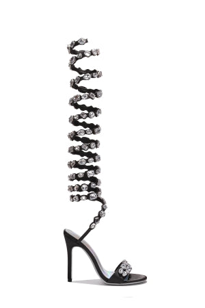 Panus Ankle-To-Calf Wraparound Rhinestone Satin-finish Round Toe Stiletto Heel Sandal